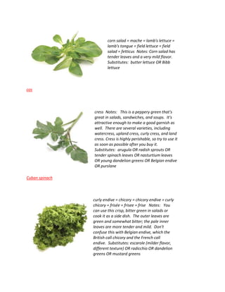 corn salad = mache = lamb's lettuce =
lamb's tongue = field lettuce = field
salad = fetticus Notes: Corn salad has
tender leaves and a very mild flavor.
Substitutes: butter lettuce OR Bibb
lettuce
cos
cress Notes: This is a peppery green that's
great in salads, sandwiches, and soups. It's
attractive enough to make a good garnish as
well. There are several varieties, including
watercress, upland cress, curly cress, and land
cress. Cress is highly perishable, so try to use it
as soon as possible after you buy it.
Substitutes: arugula OR radish sprouts OR
tender spinach leaves OR nasturtium leaves
OR young dandelion greens OR Belgian endive
OR purslane
Cuban spinach
curly endive = chicory = chicory endive = curly
chicory = frisée = frisee = frise Notes: You
can use this crisp, bitter green in salads or
cook it as a side dish. The outer leaves are
green and somewhat bitter; the pale inner
leaves are more tender and mild. Don't
confuse this with Belgian endive, which the
British call chicory and the French call
endive. Substitutes: escarole (milder flavor,
different texture) OR radicchio OR dandelion
greens OR mustard greens
 