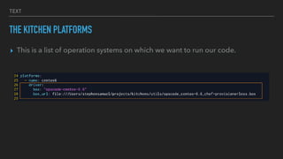 TEXT
THE KITCHEN PLATFORMS
▸ This is a list of operation systems on which we want to run our code.
 