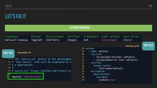 TEXT
LET’S FIX IT
KITCHEN CONVERGE
38
EDIT FILE
metadata.rbEDIT FILE
.kitchen.yml
 