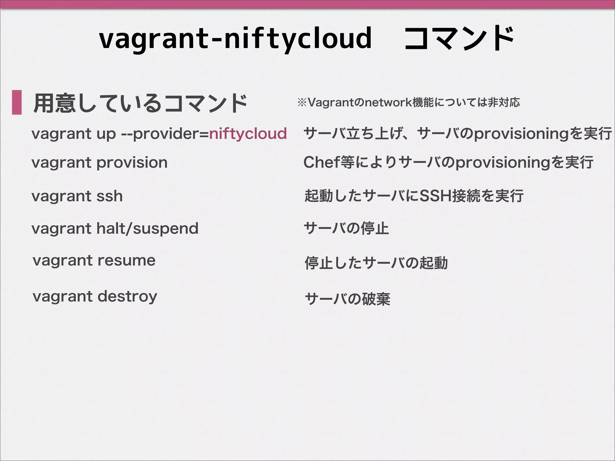 vagrant-niftycloud　コマンド
vagrant up --provider=niftycloud
vagrant provision
vagrant halt/suspend
vagrant resume
サーバ立ち上げ、サーバのprovisioningを実行
Chef等によりサーバのprovisioningを実行
サーバの停止
停止したサーバの起動
vagrant ssh 起動したサーバにSSH接続を実行
vagrant destroy サーバの破棄
用意しているコマンド ※Vagrantのnetwork機能については非対応
 