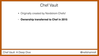 Chef Vault: A Deep Dive @nellshamrell
• Originally created by Nordstrom Chefs!
• Ownership transferred to Chef in 2015
Chef Vault
 