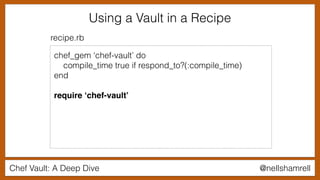 Chef Vault: A Deep Dive @nellshamrell
Using a Vault in a Recipe
chef_gem ‘chef-vault’ do
compile_time true if respond_to?(:compile_time)
end
require ‘chef-vault’
recipe.rb
 