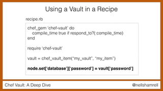 Chef Vault: A Deep Dive @nellshamrell
Using a Vault in a Recipe
chef_gem ‘chef-vault’ do
compile_time true if respond_to?(:compile_time)
end
require ‘chef-vault’
vault = chef_vault_item(“my_vault”, “my_item”)
node.set[‘database’][‘password’] = vault[‘password’]
recipe.rb
 