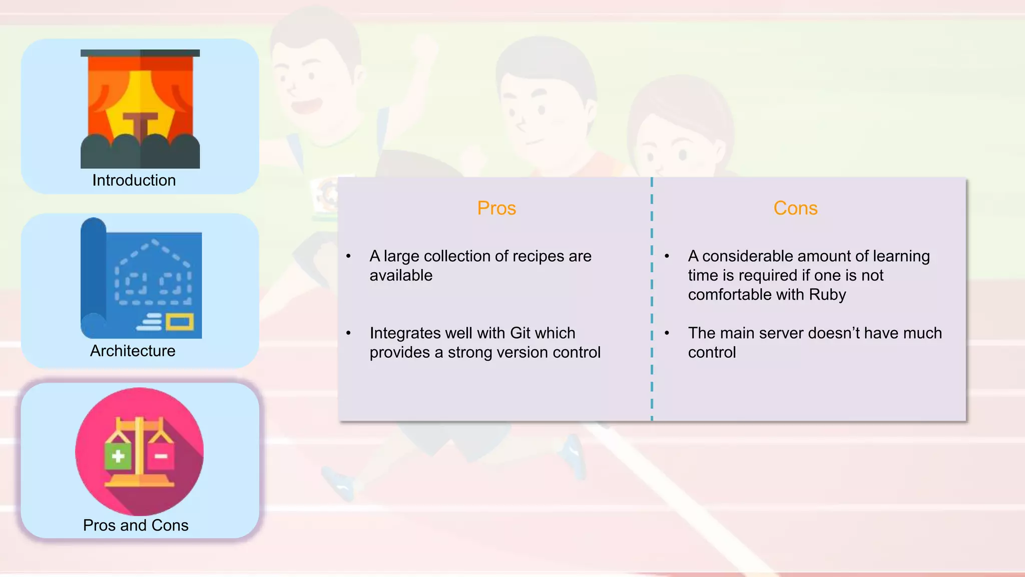 Introduction
Architecture
Pros and Cons
Pros Cons
• A large collection of recipes are
available
• Integrates well with Git which
provides a strong version control
• A considerable amount of learning
time is required if one is not
comfortable with Ruby
• The main server doesn’t have much
control
 