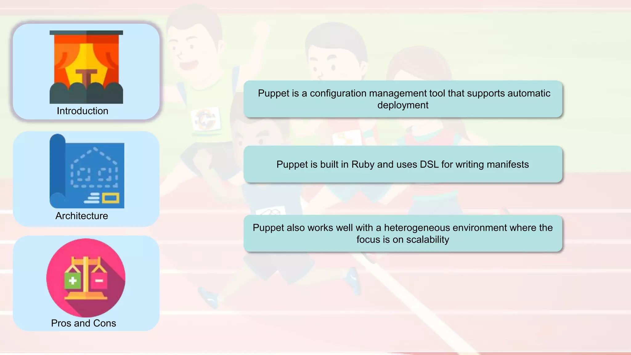 Introduction
Architecture
Pros and Cons
Puppet is a configuration management tool that supports automatic
deployment
Puppet is built in Ruby and uses DSL for writing manifests
Puppet also works well with a heterogeneous environment where the
focus is on scalability
 