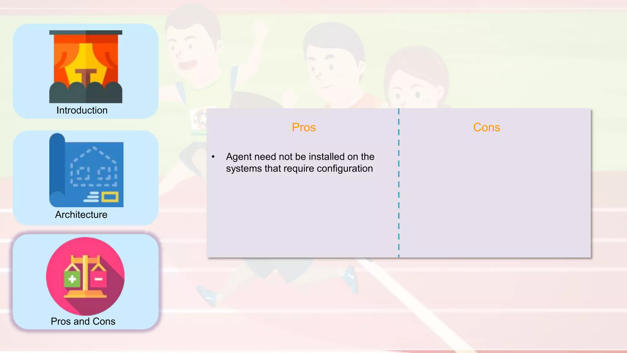 Introduction
Architecture
Pros and Cons
Pros Cons
• Agent need not be installed on the
systems that require configuration
 