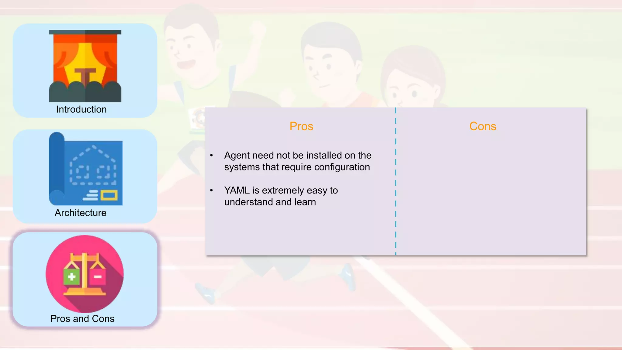 Introduction
Architecture
Pros and Cons
Pros Cons
• Agent need not be installed on the
systems that require configuration
• YAML is extremely easy to
understand and learn
 