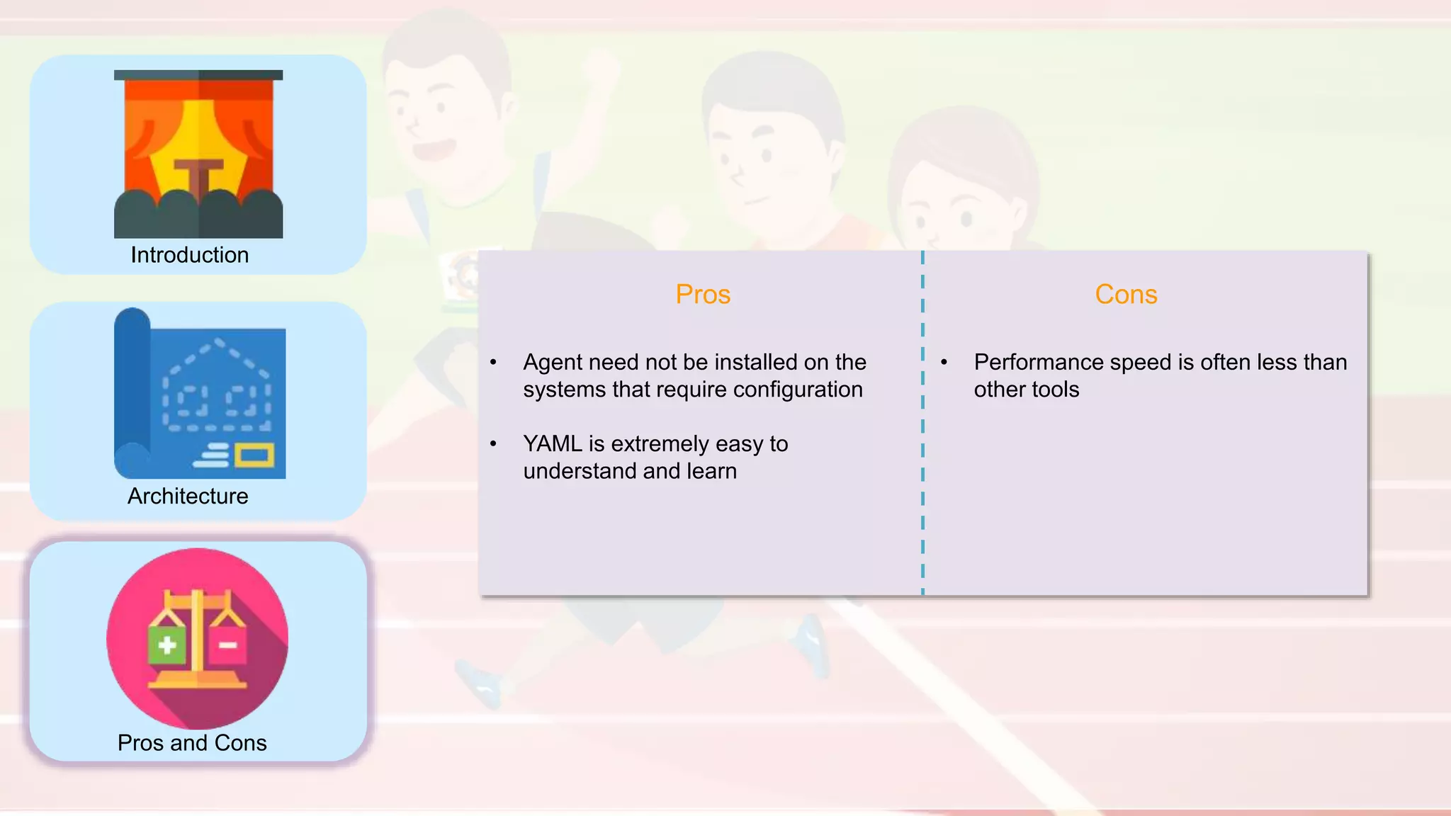 Introduction
Architecture
Pros and Cons
Pros Cons
• Agent need not be installed on the
systems that require configuration
• YAML is extremely easy to
understand and learn
• Performance speed is often less than
other tools
 