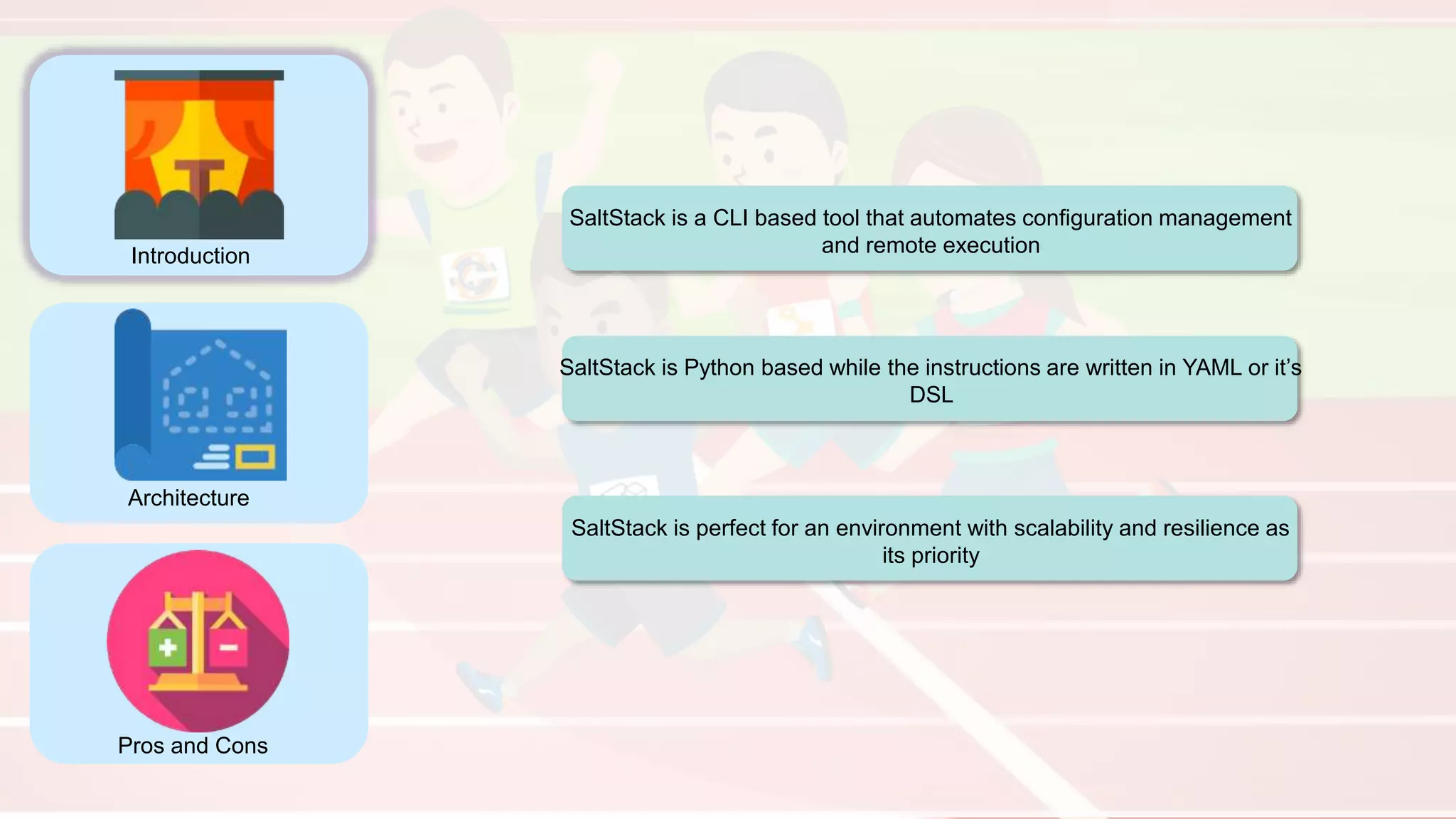 Introduction
Architecture
Pros and Cons
SaltStack is a CLI based tool that automates configuration management
and remote execution
SaltStack is Python based while the instructions are written in YAML or it’s
DSL
SaltStack is perfect for an environment with scalability and resilience as
its priority
 