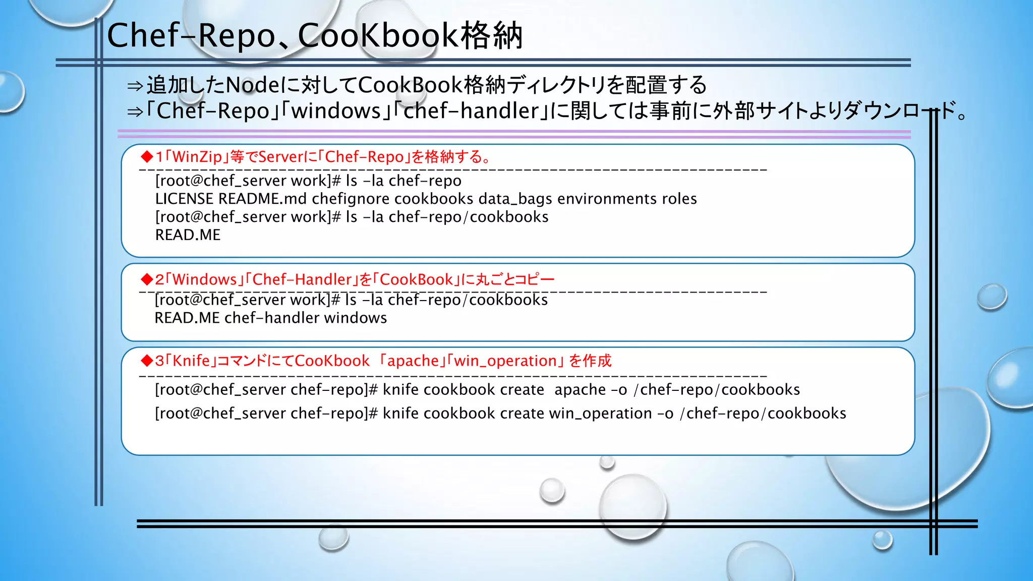 ◆１「WinZip」等でServerに「Chef-Repo」を格納する。
Chef-Repo、CooKbook格納
⇒追加したNodeに対してCookBook格納ディレクトリを配置する
⇒「Chef-Repo」「windows」「chef-handler」に関しては事前に外部サイトよりダウンロード。
[root@chef_server work]# ls -la chef-repo
LICENSE README.md chefignore cookbooks data_bags environments roles
[root@chef_server work]# ls -la chef-repo/cookbooks
READ.ME
◆２「Windows」「Chef-Handler」を「CookBook」に丸ごとコピー
[root@chef_server work]# ls -la chef-repo/cookbooks
READ.ME chef-handler windows
◆３「Knife」コマンドにてCooKbook 「apache」「win_operation」 を作成
[root@chef_server chef-repo]# knife cookbook create apache –o /chef-repo/cookbooks
[root@chef_server chef-repo]# knife cookbook create win_operation –o /chef-repo/cookbooks
------------------------------------------------------------------------
------------------------------------------------------------------------
------------------------------------------------------------------------
 