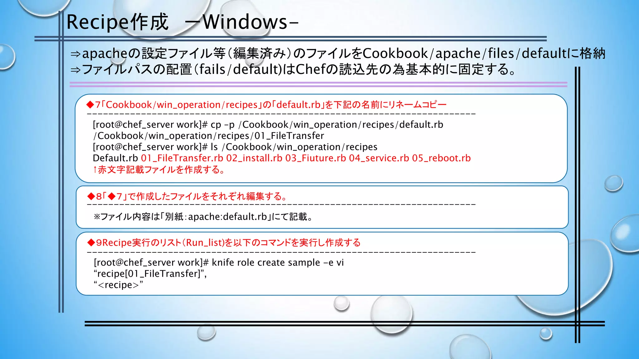 Recipe作成 －Windows-
⇒apacheの設定ファイル等（編集済み）のファイルをCookbook/apache/files/defaultに格納
⇒ファイルパスの配置（fails/default)はChefの読込先の為基本的に固定する。
◆７「Cookbook/win_operation/recipes」の「default.rb」を下記の名前にリネームコピー
[root@chef_server work]# cp –p /Cookbook/win_operation/recipes/default.rb
/Cookbook/win_operation/recipes/01_FileTransfer
[root@chef_server work]# ls /Cookbook/win_operation/recipes
Default.rb 01_FileTransfer.rb 02_install.rb 03_Fiuture.rb 04_service.rb 05_reboot.rb
↑赤文字記載ファイルを作成する。
◆８「◆７」で作成したファイルをそれぞれ編集する。
※ファイル内容は「別紙：apache:default.rb」にて記載。
◆９Recipe実行のリスト（Run_list)を以下のコマンドを実行し作成する
[root@chef_server work]# knife role create sample -e vi
“recipe[01_FileTransfer]”,
“<recipe>”
------------------------------------------------------------------------
------------------------------------------------------------------------
------------------------------------------------------------------------
 