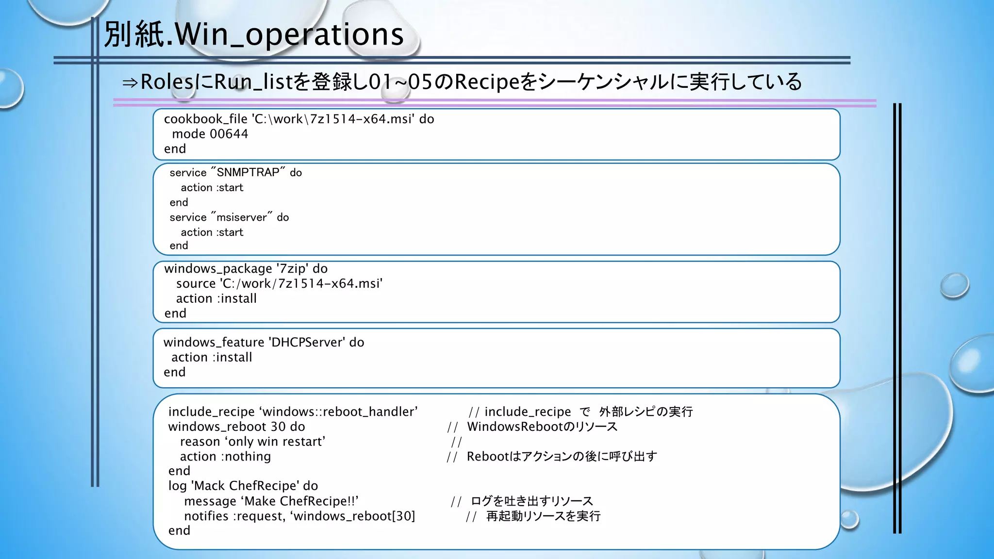 別紙.Win_operations
windows_feature 'DHCPServer' do
action :install
end
include_recipe ‘windows::reboot_handler’ // include_recipe で 外部レシピの実行
windows_reboot 30 do // WindowsRebootのリソース
reason ‘only win restart’ //
action :nothing // Rebootはアクションの後に呼び出す
end
log 'Mack ChefRecipe' do
message ‘Make ChefRecipe!!’ // ログを吐き出すリソース
notifies :request, ‘windows_reboot[30]} // 再起動リソースを実行
end
⇒RolesにRun_listを登録し01~05のRecipeをシーケンシャルに実行している
cookbook_file 'C:work7z1514-x64.msi' do
mode 00644
end
windows_package '7zip' do
source 'C:/work/7z1514-x64.msi'
action :install
end
service "SNMPTRAP" do
action :start
end
service "msiserver" do
action :start
end
 
