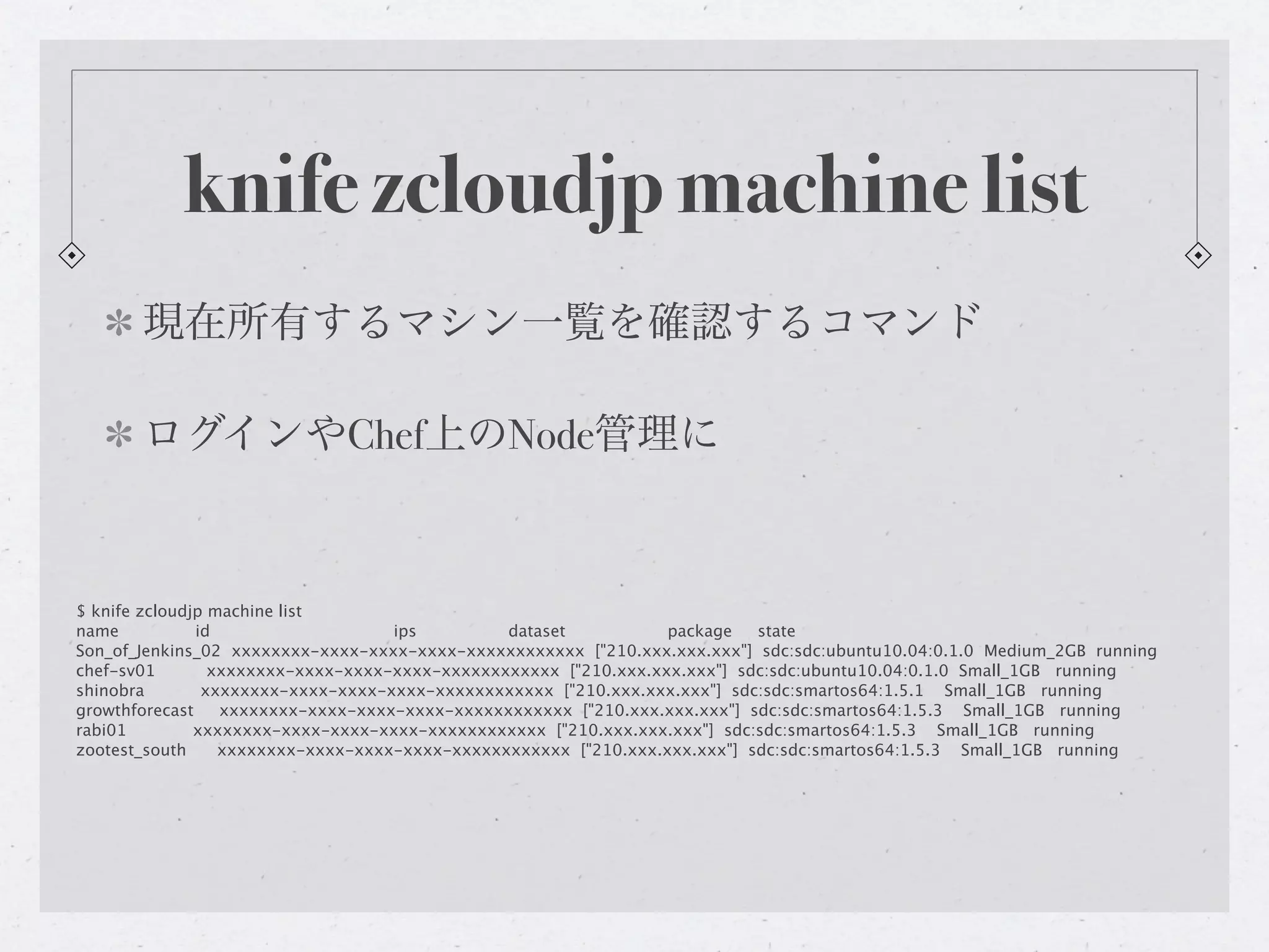 knife zcloudjp machine list
       現在所有するマシン一覧を確認するコマンド

       ログインやChef上のNode管理に


$ knife zcloudjp machine list
name           id                   ips         dataset           package   state
Son_of_Jenkins_02 xxxxxxxx-xxxx-xxxx-xxxx-xxxxxxxxxxxx ["210.xxx.xxx.xxx"] sdc:sdc:ubuntu10.04:0.1.0 Medium_2GB running
chef-sv01        xxxxxxxx-xxxx-xxxx-xxxx-xxxxxxxxxxxx ["210.xxx.xxx.xxx"] sdc:sdc:ubuntu10.04:0.1.0 Small_1GB running
shinobra        xxxxxxxx-xxxx-xxxx-xxxx-xxxxxxxxxxxx ["210.xxx.xxx.xxx"] sdc:sdc:smartos64:1.5.1 Small_1GB running
growthforecast    xxxxxxxx-xxxx-xxxx-xxxx-xxxxxxxxxxxx ["210.xxx.xxx.xxx"] sdc:sdc:smartos64:1.5.3 Small_1GB running
rabi01         xxxxxxxx-xxxx-xxxx-xxxx-xxxxxxxxxxxx ["210.xxx.xxx.xxx"] sdc:sdc:smartos64:1.5.3 Small_1GB running
zootest_south     xxxxxxxx-xxxx-xxxx-xxxx-xxxxxxxxxxxx ["210.xxx.xxx.xxx"] sdc:sdc:smartos64:1.5.3 Small_1GB running
 