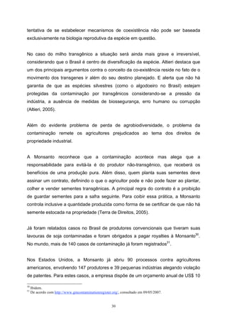 30
tentativa de se estabelecer mecanismos de coexistência não pode ser baseada
exclusivamente na biologia reprodutiva da espécie em questão.
No caso do milho transgênico a situação será ainda mais grave e irreversível,
considerando que o Brasil é centro de diversificação da espécie. Altieri destaca que
um dos principais argumentos contra o conceito da co-existência reside no fato de o
movimento dos transgenes ir além do seu destino planejado. E alerta que não há
garantia de que as espécies silvestres (como o algodoeiro no Brasil) estejam
protegidas da contaminação por transgênicos considerando-se a pressão da
indústria, a ausência de medidas de biossegurança, erro humano ou corrupção
(Altieri, 2005).
Além do evidente problema de perda de agrobiodiversidade, o problema da
contaminação remete os agricultores prejudicados ao tema dos direitos de
propriedade industrial.
A Monsanto reconhece que a contaminação acontece mas alega que a
responsabilidade para evitá-la é do produtor não-transgênico, que receberá os
benefícios de uma produção pura. Além disso, quem planta suas sementes deve
assinar um contrato, definindo o que o agricultor pode e não pode fazer ao plantar,
colher e vender sementes transgênicas. A principal regra do contrato é a proibição
de guardar sementes para a safra seguinte. Para coibir essa prática, a Monsanto
controla inclusive a quantidade produzida como forma de se certificar de que não há
semente estocada na propriedade (Terra de Direitos, 2005).
Já foram relatados casos no Brasil de produtores convencionais que tiveram suas
lavouras de soja contaminadas e foram obrigados a pagar royalties à Monsanto30
.
No mundo, mais de 140 casos de contaminação já foram registrados31
.
Nos Estados Unidos, a Monsanto já abriu 90 processos contra agricultores
americanos, envolvendo 147 produtores e 39 pequenas indústrias alegando violação
de patentes. Para estes casos, a empresa dispõe de um orçamento anual de US$ 10
30
Ibidem.
31
De acordo com http://www.gmcontaminationregister.org/, consultado em 09/05/2007.
 
