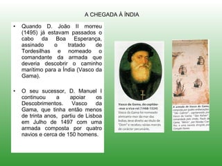 Quando D. João II morreu (1495) já estavam passados o cabo da Boa Esperança, assinado o tratado de Tordesilhas e nomeado o comandante da armada que deveria descobrir o caminho marítimo para a Índia (Vasco da Gama). O seu sucessor, D. Manuel I continuou a apoiar os Descobrimentos. Vasco da Gama, que tinha então menos de trinta anos,  partiu de Lisboa em Julho de 1497 com uma armada composta por quatro navios e cerca de 150 homens.  A CHEGADA À ÍNDIA 