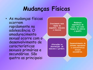 Mudanças Físicas
• As mudanças físicas
ocorrem
rapidamente na
adolescência. O
amadurecimento
sexual ocorre com o
desenvolvimento de
características
sexuais primárias e
secundárias. São
quatro as principais:
Crescimento mais
rápido de
esqueleto, músculos
e vísceras
Mudanças
específicas do
sexo, tais como
largura de ombros
e quadris
Alterações na
distribuição de
músculos e gordura.
Desenvolvimento do
sistema reprodutor
e características
sexuais
secundárias.
 
