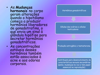• As Mudanças
hormonais no corpo
geram alterações
quando o hipotálamo
começa a produzir
hormônios liberadores
de gonadotrofina, o
que envia um sinal à
glândula hipófise para
secretar hormônios
gonadotróficos.
• As concentrações
estáveis desses
hormônios também
estão associadas à
acne e aos odores
corporais.
Hormônios gonadotróficos
Células dos ovários e células
testiculares
Produção estrogênio e testosterona.
Contribuem para desenvolvimento de
características sexuais secundárias
(pelos, mudanças na voz e tem papel
essencial na reprodução).
 