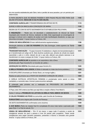 104
de uma quantia estabelecida pelo Clero, teria o perdão de seus pecados, por um período pré-
determinado.
O PAPA DECRETA QUE AS MISSAS PASSEM A SER PAGAS PELOS FIÉIS PARA QUE
SEJAM OFICIADAS. INICIA-SE O CULTO AOS ANJOS.
1100
CONFISSÃO AURICULAR É TRANSFORMADA EM ARTIGO DE FÉ. 1115
SURGE A IDÉIA DA IMACULADA CONCEIÇÃO DE MARIA. 1125
REGRA DE FÉ COM OS SETE SACRAMENTOS É ESTABELECIDA PELO PAPA. 1160
A INQUISIÇÃO - “Neste ano, foi decretado o estabelecimento do tribunal da Santa
Inquisição pelo Concílio de Verona, realizado na Itália. Esta organização se encarregaria de
perseguir e torturar com o objetivo de acabar com toda manifestação dissidente, ou seja, que
discordava da Igreja.” A Igreja Católica na Profecia, 268.
1184
VENDA DE INDULGÊNCIAS (Foram definitivamente regulamentadas.) 1190
Introdução definitiva do USO DO ROSÁRIO (Por São Domingos, chefe supremo da “Santa
Inquisição.)
1200
TRANSUBSTANCIAÇÃO – “O papa Inocente III estabelece o dogma da transubstanciação e
já é transformada em artigo de fé. Esta doutrina sustenta que, através da virtude da oração
sacerdotal, o pão e o vinho, deixam de ser o que são, alteram sua própria natureza e se
transformam no corpo e sangue de Cristo.” A Igreja Católica na Profecia, 268.
1215
CONFISSÃO AURICULAR de pecados a um sacerdote e não a Deus.
(Instituída pelo Papa Inocente III, no Concílio de Latrão.)
1215
ADORAÇÃO DA HÓSTIA (Decretada pelo papa Honório III.) 1220
A BÍBLIA PROIBIDA AOS LEIGOS (A Bíblia é colocada no índex dos livros proibidos.) 1229
O ESCAPULÁRIO (Inventado por Simão Stock, um monge inglês.) 1251
Realiza-se pela primeira vez a FESTA DO SAGRADO CORAÇÃO DE JESUS. 1264
A IGREJA CATÓLICA APOSTÓLICA ROMANA é proclamada como sendo a única
verdadeira, e somente nela o homem pode encontrar salvação.
1303
É ordenada pela primeira vez a realização da PROCISSÃO DO SANTÍSSIMO
SACRAMENTO.
1311
O Papa João XXII ordena aos fiéis que seja feita a oração a Maria (“Ave Maria”). 1317
Carlos V reforça a PROIBIÇÃO DA LEITURA DA BÍBLIA PARA AMBOS OS SEXOS. 1369
O CÁLICE PROIBIDO AO POVO na comunhão, pelo Concílio de Constança. 1414
PURGATÓRIO como dogma pelo Concílio de Florença. 1439
OS SETE SACRAMENTOS confirmados como doutrina. 1439
A AVE MARIA (Parte da metade final foi completada 50 anos mais tarde e aprovada pelo
papa Sixto V no final do século 16.)
1508
VENDA DE INDULGÊNCIAS – “Em 31 de março, o papa Leão X autoriza a venda de
indulgência através da qual a pessoa é livre de passar pelo purgatório. Tetzel vende
indulgências para pagar pecados passados, presentes e futuros e arrecada uma grande
fortuna.” A Igreja Católica na Profecia, 269
1515
 