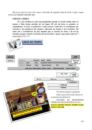 110
Mas já no meio do sexto selo vemos a descrição da segunda vinda de Cristo e logo a seguir
mostra que CCHHEEGGOOUU OO GGRRAANNDDEE DDIIAA..
CCHHEEGGOOUU AA HHOORRAA!!
“E o céu recolheu-se como um pergaminho quando se enrola. Então, todos os
montes e ilhas foram movidos do seu lugar. Os reis da terra, os grandes, os
comandantes, os ricos, os poderosos e todo escravo e todo livre se esconderam nas
cavernas e nos penhascos dos montes e disseram aos montes e aos rochedos: Caí
sobre nós e escondei-nos da face daquele que se assenta no trono e da ira do
Cordeiro, porque CCHHEEGGOOUU OO GGRRAANNDDEE DDIIAA da ira deles; e quem é que pode suster-se?”
(Apocalipse 6:14 e 17)
Novamente aparece a pergunta:
SSAABBEE AA QQUUEE CCOONNCCLLUUSSÃÃOO CCHHEEGGOO AAOO
EESSTTUUDDAARR EESSTTAA PPRROOFFEECCIIAA??
EESSTTAAMMOOSS HHÁÁ PPOOUUQQUUÍÍSSSSIIMMOO
TTEEMMPPOO DDAA VVOOLLTTAA DDEE JJEESSUUSS.. OOUU SSEEJJAA,,
FFAALLTTAA MMUUIITTOO PPOOUUCCOO TTEEMMPPOO PPAARRAA
JJEESSUUSS VVOOLLTTAARR..
BABILÔNIA MEDO-PÉRSIA GRÉCIA ROMA PAÍSES DIVIDIDOS REINO ETERNO
INÍCIO FIM
DDaanniieell 22 Cabeça Peito Ventre Pernas Pés Pedra
CRIAÇÃO
DDaanniieell 77 Leão Urso Leopardo Animal Terrível Ponta Pequena
538 – 1798
Supremacia Papal
TEMPO
DO FIM
DDaanniieell 88 Carneiro Bode Chifre VOLTA DE
JESUS
JULGAMENTO
LINHA DO TEMPO
457 a.C. - - - - - - - - - - - - 2300 anos - - - - - - - - - - - - 1844 d.C.
7 SELOS
7 IGREJAS
 