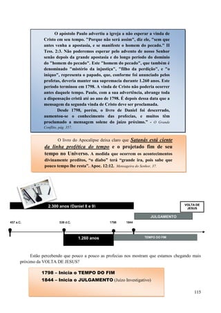 115
457 a.C. 538 d.C. 1798 1844
Estão percebendo que pouco a pouco as profecias nos mostram que estamos chegando mais
próximo da VOLTA DE JESUS?
1.260 anos
(Daniel 7 e Apoc. 12)
2.300 anos (Daniel 8 e 9)
TEMPO DO FIM
JULGAMENTO
VVOOLLTTAA DDEE
JJEESSUUSS
O livro do Apocalipse deixa claro que Satanás está ciente
da linha profética do tempo e o projetado fim de seu
tempo no Universo. A medida que ocorrem os acontecimentos
divinamente preditos, “o diabo” terá “grande ira, pois sabe que
pouco tempo lhe resta”. Apoc. 12:12. Mensageira do Senhor, 37.
1798 – Inicia o TEMPO DO FIM
1844 – Inicia o JULGAMENTO (Juízo Investigativo)
O apóstolo Paulo advertiu a igreja a não esperar a vinda de
Cristo em seu tempo. "Porque não será assim", diz ele, "sem que
antes venha a apostasia, e se manifeste o homem do pecado." II
Tess. 2:3. Não poderemos esperar pelo advento de nosso Senhor
senão depois da grande apostasia e do longo período do domínio
do "homem do pecado". Este "homem do pecado", que também é
denominado "mistério da injustiça", "filho da perdição", e "o
iníquo", representa o papado, que, conforme foi anunciado pelos
profetas, deveria manter sua supremacia durante 1.260 anos. Este
período terminou em 1798. A vinda de Cristo não poderia ocorrer
antes daquele tempo. Paulo, com a sua advertência, abrange toda
a dispensação cristã até ao ano de 1798. É depois dessa data que a
mensagem da segunda vinda de Cristo deve ser proclamada.
Desde 1798, porém, o livro de Daniel foi descerrado,
aumentou-se o conhecimento das profecias, e muitos têm
proclamado a mensagem solene do juízo próximo.” - O Grande
Conflito, pág. 357.
 