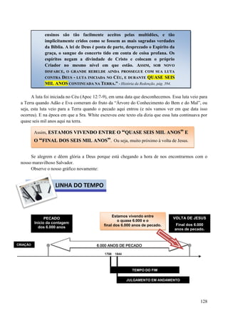 128
A luta foi iniciada no Céu (Apoc 12:7-9), em uma data que desconhecemos. Essa luta veio para
a Terra quando Adão e Eva comeram do fruto da “Árvore do Conhecimento do Bem e do Mal”, ou
seja, esta luta veio para a Terra quando o pecado aqui entrou (e nós vamos ver em que data isso
ocorreu). E na época em que a Sra. White escreveu este texto ela dizia que essa luta continuava por
quase seis mil anos aqui na terra.
Se alegrem e dêem glória a Deus porque está chegando a hora de nos encontrarmos com o
nosso maravilhoso Salvador.
Observe o nosso gráfico novamente:
1798 1844
Estamos vivendo entre
o quase 6.000 e o
final dos 6.000 anos de pecado.
TEMPO DO FIM
VOLTA DE JESUS
Final dos 6.000
anos de pecado.
JULGAMENTO EM ANDAMENTO
CRIAÇÃO
PECADO
Início da contagem
dos 6.000 anos
6.000 ANOS DE PECADO
Assim, EESSTTAAMMOOSS VVIIVVEENNDDOO EENNTTRREE OO ““QQUUAASSEE SSEEIISS MMIILL AANNOOSS”” EE
OO ““FFIINNAALL DDOOSS SSEEIISS MMIILL AANNOOSS””.. Ou seja, muito próximo à volta de Jesus.
LINHA DO TEMPO
ensinos são tão facilmente aceitos pelas multidões, e tão
implicitamente cridos como se fossem as mais sagradas verdades
da Bíblia. A lei de Deus é posta de parte, desprezado o Espírito da
graça, o sangue do concerto tido em conta de coisa profana. Os
espíritos negam a divindade de Cristo e colocam o próprio
Criador no mesmo nível em que estão. AASSSSIIMM,, SSOOBB NNOOVVOO
DDIISSFFAARRCCEE,, OO GGRRAANNDDEE RREEBBEELLDDEE AAIINNDDAA PPRROOSSSSEEGGUUEE CCOOMM SSUUAA LLUUTTAA
CCOONNTTRRAA DDEEUUSS -- LLUUTTAA IINNIICCIIAADDAA NNOO CCÉÉUU,, EE DDUURRAANNTTEE QQUUAASSEE SSEEIISS
MMIILL AANNOOSS CCOONNTTIINNUUAADDAA NNAA TTEERRRRAA..”” - História da Redenção, pág. 394.
 