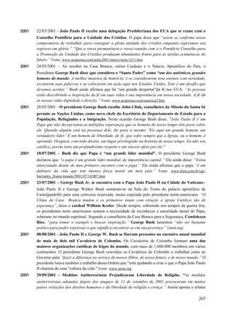 207
2001 22/03/2001 - João Paulo II recebe uma delegação Presbiteriana dos EUA que se reune com o
Conselho Pontificio para a Unidade dos Cristãos. O papa disse que “assim se confirma nosso
compromisso de trabalhar para conseguir a plena unidade dos cristãos enquanto esperamos seu
regresso em glória.” “Que a vossa permanência e vossa reunião com o o Pontificio Conselho para
a Promoção da Unidade dos Cristãos produzam abundantes frutos para as tarefas ecumênicas do
futuro.” Fonte: www.aciprensa.com/notic2001/marzo/notic1211.htm
2001 24/03/2001 – Ao receber na Casa Branca, vários Cardeais e o Núncio Apostólico do País, o
Presidente George Bush disse que considera o “Santo Padre” como “um dos autênticos grandes
homens do mundo. A melhor maneira de honrá-lo, é se considerarem seus ensinos com seriedade,
escutarem suas palavras e as colocarem em ação aqui nos Estados Unidos. Este é um desafio que
devemos aceitar.” Bush ainda afirmou que há “um grande despertar”da fé nos EUA. “As pessoas
estão descobrindo a inspiração da fé em suas vidas e sua importância em nossa sociedade. A fé dá
às nossas vidas dignidade e direção.” Fonte: www.aciprensa.com/america2.htm
2001 28/05/2001 - O presidente George Bush escolhe John Clink, conselheiro da Missão da Santa Sé
perante as Nações Unidas, como novo chefe do Escritório do Departamento de Estado para a
População, Refugiados e a Imigração. Nesta ocasião George Bush disse: "João Paulo II é um
Papa que não decepcionou as múltiplas esperanças que os homens de nosso tempo têm posto sobre
ele. Quando alguém está na presença dele, diz para si mesmo: 'Eis aqui um grande homem, um
verdadeiro líder.' É um homem de liberdade, de fé, que sofre sempre que a Igreja, ou o homem, é
oprimido. Ocupará, com todo direito, um lugar privilegiado na história de nosso tempo. Eu não sou
católico, porém sinto um profundíssimo respeito e um sincero afeto por ele."
2001 18/07/2001 – Bush diz que Papa é “um grande líder mundial”. O presidente George Bush
declarou que “o papa é um grande líder mundial, de importância capital.” Ele ainda disse: “Estou
emocionado diante de meu primeiro encontro com o papa.” Ele ainda afirmou que o papa “é um
defensor da vida que tem imensa força moral em meu país.” Fonte: www.terra.com.br/cgi-
bin/index_frame/mundo/2001/07/18/007.htm
2001 23/07/2001 – George Bush Jr. se encontra com o Papa João Paulo II na Cidade do Vaticano.-
João Paulo II e George Walker Bush sentaram-se na Sala do Trono do palácio apostólico de
Castelgandolfo para uma conversa reservada, muito esperada pelo presidente norte-americano. “O
Clima da Casa Branca mudou e os primeiros sinais com relação à igreja Católica são de
esperança”, disse o cardeal William Keeler. Desde sempre, sobretudo nos tempos da guerra fria,
os presidentes norte americanos sentem a necessidade de reconhecer a autoridade moral do Papa,
soberano no mundo espiritual. Segundo a conselheira da Casa Branca para a Segurança, Condolezza
Rice, “para tomar o exemplo e buscar inspiração.” George Bush lamentou “não ser bastante
poético para poder expressar o que significa encontrar-se em sua presença.” (zenit.org)
2001 08/08/2001 - João Paulo II e George W. Bush se fizeram presentes no encontro anual mundial
de mais de dois mil Cavaleiros de Colombo. Os Cavaleiros de Colombo formam uma das
maiores organizações católicas de leigos do mundo, com mais de 1.600.000 membros em vários
continentes. O presidente George Bush convidou os Cavaleiros de Colombo a trabalhar junto ao
Governo para “fazer a diferença no serviço de nossos filhos, de nosso futuro, e de nosso mundo.” O
presidente louva também o trabalho dessa Ordem que “está ajudando a criar o que o Papa João Paulo
II chamou de uma "cultura da vida." Fonte: www.zenit.org
2001 29/09/2001 - Medidas Antiterroristas Prejudicaram Liberdade de Religião. “As medidas
antiterroristas adotadas depois dos ataques de 11 de setembro de 2001 provocaram em muitos
países violações dos direitos humanos e da liberdade de religião e crença.” Assim aponta o relator
 