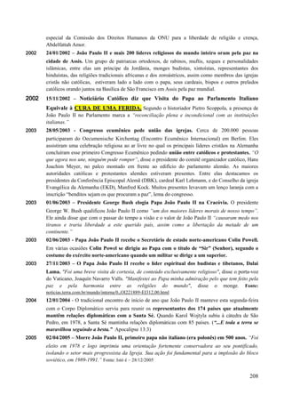 208
especial da Comissão dos Direitos Humanos da ONU para a liberdade de religião e crença,
Abdelfattah Amor.
2002 24/01/2002 – João Paulo II e mais 200 líderes religiosos do mundo inteiro oram pela paz na
cidade de Assis. Um grupo de patriarcas ortodoxos, de rabinos, muftis, xeques e personalidades
islâmicas, entre elas um príncipe da Jordânia, monges budistas, xintoístas, representantes dos
hinduístas, das religiões tradicionais africanas e dos zoroástricos, assim como membros das igrejas
cristãs não católicas, estiveram lado a lado com o papa, seus cardeais, bispos e outros prelados
católicos orando juntos na Basílica de São Francisco em Assis pela paz mundial.
22000022 15/11/2002 – Noticiário Católico diz que Visita do Papa ao Parlamento Italiano
Equivale à CCUURRAA DDEE UUMMAA FFEERRIIDDAA.. Segundo o historiador Pietro Scoppola, a presença de
João Paulo II no Parlamento marca a “reconciliação plena e incondicional com as instituições
italianas.”
2003 28/05/2003 - Congresso ecumênico pede união das igrejas. Cerca de 200.000 pessoas
participaram do Oecumenische Kirchentag (Encontro Ecumênico Internacional) em Berlim. Eles
assistiram uma celebração religiosa ao ar livre no qual os principais líderes cristãos na Alemanha
concluíram esse primeiro Congresso Ecumênico pedindo união entre católicos e protestantes. “O
que agora nos une, ninguém pode romper”, disse o presidente do comitê organizador católico, Hans
Joachim Meyer, no palco montado em frente ao edifício do parlamento alemão. As maiores
autoridades católicas e protestantes alemães estiveram presentes. Entre elas destacamos os
presidentes da Conferência Episcopal Alemã (DBK), cardeal Karl Lehmann, e do Conselho da igreja
Evangélica da Alemanha (EKD), Manfred Kock. Muitos presentes levavam um lenço laranja com a
inscrição “benditos sejam os que procuram a paz”, lema do congresso.
2003 01/06/2003 – Presidente George Bush elogia Papa João Paulo II na Cracóvia. O presidente
George W. Bush qualificou João Paulo II como “um dos maiores líderes morais de nosso tempo”.
Ele ainda disse que com o passar do tempo a visão e o valor de João Paulo II “causaram medo nos
tiranos e traria liberdade a este querido país, assim como a libertação da metade de um
continente.”
2003 02/06/2003 - Papa João Paulo II recebe o Secretário de estado norte-americano Colin Powell.
Em várias ocasiões Colin Powel se dirigiu ao Papa com o título de “Sir” (Senhor), segundo o
costume do exército norte-americano quando um militar se dirige a um superior.
2003 27/11/2003 – O Papa João Paulo II recebe o líder espiritual dos budistas e tibetanos, Dalai
Lama. "Foi uma breve visita de cortesia, de conteúdo exclusivamente religioso", disse o porta-voz
do Vaticano, Joaquín Navarro Valls. "Manifestei ao Papa minha admiração pelo que tem feito pela
paz e pela harmonia entre as religiões do mundo", disse o monge. Fonte:
noticias.terra.com.br/mundo/interna/0,,OI221889-EI312,00.html
2004 12/01/2004 - O tradicional encontro de início de ano que João Paulo II manteve esta segunda-feira
com o Corpo Diplomático serviu para reunir os representantes dos 174 países que atualmente
mantêm relações diplomáticas com a Santa Sé. Quando Karol Wojtyla subiu à cátedra de São
Pedro, em 1978, a Santa Sé mantinha relações diplomáticas com 85 países. (“...E toda a terra se
maravilhou seguindo a besta.” Apocalipse 13:3)
2005 02/04/2005 – Morre João Paulo II, primeiro papa não italiano (era polonês) em 500 anos. “Foi
eleito em 1978 e logo imprimiu uma orientação fortemente conservadora ao seu pontificado,
isolando o setor mais progressista da Igreja. Sua ação foi fundamental para a implosão do bloco
soviético, em 1989-1991.” Fonte: Istó é – 28/12/2005
 