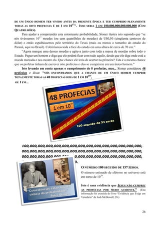 26
DDEE UUMM ÚÚNNIICCOO HHOOMMEEMM TTEERR VVIIVVIIDDOO AANNTTEESS DDAA PPRREESSEENNTTEE ÉÉPPOOCCAA EE TTEERR CCUUMMPPRRIIDDOO PPLLEENNAAMMEENNTTEE
TTOODDAASS AASS OOIITTOO PPRROOFFEECCIIAASS ÉÉ DDEE 11 EEMM 11001177
””.. IISSSSOO SSEERRIIAA 11 EEMM 110000,,000000,,000000,,000000,,000000,,000000 ((CCEEMM
QQUUAATTRRIILLHHÕÕEESS))..
Para ajudar a compreender esta estonteante probabilidade, Stoner ilustra isto supondo que “se
nós tivéssemos 1017
moedas (ou cem quatrilhões de moedas) de U$0,50 (cinqüenta centavos de
dólar) e então espalhássemos pelo território do Texas (mais ou menos o tamanho do estado do
Paraná, aqui no Brasil). Cobriríamos toda a face do estado em uma altura de cerca de 70 cm.”
“Agora marque uma dessas moedas e agite-a junto com toda a massa de moedas sobre todo o
Estado. Pegue um homem e diga que ele poderá ficar com tudo aquilo, desde que ele diga onde está a
moeda marcada e nos mostre ela. Que chance ele teria de acertar na primeira? Esta é a mesma chance
que os profetas tinham de escrever oito profecias e elas se cumprirem em um único homem.”
Isto levando em conta apenas o cumprimento de 8 profecias, mas... Stoner considerou 48
profecias e disse: ""NNÓÓSS EENNCCOONNTTRRAAMMOOSS QQUUEE AA CCHHAANNCCEE DDEE UUMM ÚÚNNIICCOO HHOOMMEEMM CCUUMMPPRRIIRR
TTOOTTAALLMMEENNTTEE TTOODDAASS AASS 4488 PPRROOFFEECCIIAASS SSEERRÁÁ DDEE 11 EEMM 1100115577
,,
OOUU 11 EEMM......
100,000,000,000,000,000,000,000,000,000,000,000,000,000,000,
000,000,000,000,000,000,000,000,000,000,000,000,000,000,000,
000,000,000,000,000,000,000,000,000,000,000,000,000,000,000,
000,000,000,000,000,000,000.
OO NNÚÚMMEERROO 110000 SSEEGGUUIIDDOO DDEE 115577 ZZEERROOSS..
O número estimado de elétrons no universo está
em torno de 1079
.
Isto é uma evidência que JJEESSUUSS NNÃÃOO CCUUMMPPRRIIUU
AASS PPRROOFFEECCIIAASS PPOORR MMEERROO AACCIIDDEENNTTEE..”” (Esta
informação foi extraída do livro “Evidência que Exige um
Veredicto” de Josh McDowell, 28.)
 