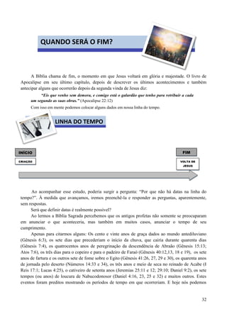 32
A Bíblia chama de fim, o momento em que Jesus voltará em glória e majestade. O livro de
Apocalipse em seu último capítulo, depois de descrever os últimos acontecimentos e também
antecipar alguns que ocorrerão depois da segunda vinda de Jesus diz:
“Eis que venho sem demora, e comigo está o galardão que tenho para retribuir a cada
um segundo as suas obras.” (Apocalipse 22:12)
Com isso em mente podemos colocar alguns dados em nossa linha do tempo.
Ao acompanhar esse estudo, poderia surgir a pergunta: “Por que não há datas na linha do
tempo?”. À medida que avançamos, iremos preenchê-la e responder as perguntas, aparentemente,
sem respostas.
Será que definir datas é realmente possível?
Ao lermos a Bíblia Sagrada percebemos que os antigos profetas não somente se preocuparam
em anunciar o que aconteceria, mas também em muitos casos, anunciar o tempo de seu
cumprimento.
Apenas para citarmos alguns: Os cento e vinte anos de graça dados ao mundo antediluviano
(Gênesis 6:3), os sete dias que precederiam o início da chuva, que cairia durante quarenta dias
(Gênesis 7:4), os quatrocentos anos de peregrinação da descendência de Abraão (Gênesis 15:13;
Atos 7:6), os três dias para o copeiro e para o padeiro de Faraó (Gênesis 40:12,13, 18 e 19), os sete
anos de fartura e os outros sete de fome sobre o Egito (Gênesis 41:26, 27, 29 e 30), os quarenta anos
de jornada pelo deserto (Números 14:33 e 34), os três anos e meio de seca no reinado de Acabe (I
Reis 17:1; Lucas 4:25), o cativeiro de setenta anos (Jeremias 25:11 e 12; 29:10; Daniel 9:2), os sete
tempos (ou anos) de loucura de Nabucodonosor (Daniel 4:16, 23, 25 e 32) e muitos outros. Estes
eventos foram preditos mostrando os períodos de tempo em que ocorreriam. E hoje nós podemos
INÍCIO FIM
CRIAÇÃO VOLTA DE
JESUS
LINHA DO TEMPO
QUANDO SERÁ O FIM?
 