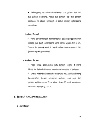  Gelanggang permainan ditanda oleh dua garisan tepi dan

            dua garisan belakang. Kedua-dua garisan tepi dan garisan

            belakang ini adalah termasuk di dalam ukuran gelanggang

            permainan.



        Garisan Tengah

             Paksi garisan tengah membahagikan gelanggang permainan

            kepada dua buah gelanggang yang sama ukuran 9m x 9m.

            Garisan ini terletak tepat di bawah jaring dan memanjang dari

            garisan tepi ke garisan tepi.



        Garisan Serang

             Pada setiap gelanggang, satu garisan serang di mana

            dilukis 3m dari paksi garisan tengah, menandakan zon depan.

             Untuk Pertandingan Rasmi dan Dunia FIV, garisan serang

            dipanjangkan dengan tambahan garisan putus-putus dari

            garisan tepi,berukuran 15 cm lebar, dilukis 20 cm di antara satu

            sama lain sepanjang 1.75 m.




2. ZON DAN KAWASAN PERMAINAN



  a) Zon Depan




                                                                          14
 
