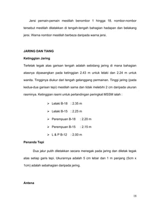 Jersi pemain-pemain mestilah benombor 1 hingga 18. nombor-nombor

tersebut mestilah dilatakkan di tengah-tengah bahagian hadapan dan belakang

jersi. Warna nombor mestilah berbeza daripada warna jersi.




JARING DAN TIANG

Ketinggian Jaring

Terletak tegak atas garisan tengah adalah sebidang jaring di mana bahagian

atasnya dipasangkan pada ketinggian 2.43 m untuk lelaki dan 2.24 m untuk

wanita. Tingginya diukur dari tengah gelanggang permainan. Tinggi jaring (pada

kedua-dua garisan tepi) mestilah sama dan tidak melebihi 2 cm daripada ukuran

rasminya. Ketinggian rasmi untuk pertandingan peringkat MSSM ialah :

                 Lelaki B-18 : 2.35 m

                 Lelaki B-15 : 2.25 m

                 Perempuan B-18       : 2.20 m

                 Perempuan B-15       : 2.15 m

                 L & P B-12    : 2.00 m

Penanda Tepi

      Dua jalur putih diletakkan secara menegak pada jaring dan diletak tegak

atas setiap garis tepi. Ukurannya adalah 5 cm lebar dan 1 m panjang (5cm x

1cm) adalah sebahagian daripada jaring.




Antena



                                                                           18
 