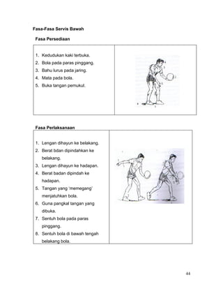 Fasa-Fasa Servis Bawah

 Fasa Persediaan


 1. Kedudukan kaki terbuka.
 2. Bola pada paras pinggang.
 3. Bahu lurus pada jaring.
 4. Mata pada bola.
 5. Buka tangan pemukul.




 Fasa Perlaksanaan


 1. Lengan dihayun ke belakang.
 2. Berat bdan dipindahkan ke
    belakang.
 3. Lengan dihayun ke hadapan.
 4. Berat badan dipindah ke
    hadapan.
 5. Tangan yang ‘memegang’
    menjatuhkan bola.
 6. Guna pangkal tangan yang
    dibuka.
 7. Sentuh bola pada paras
    pinggang.
 8. Sentuh bola di bawah tengah
    belakang bola.




                                  44
 