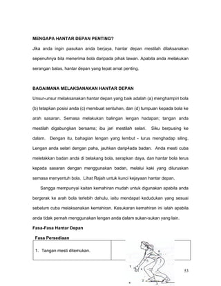 MENGAPA HANTAR DEPAN PENTING?

Jika anda ingin pasukan anda berjaya, hantar depan mestilah dilaksanakan

sepenuhnya bila menerima bola daripada pihak lawan. Apabila anda melakukan

serangan balas, hantar depan yang tepat amat penting.



BAGAIMANA MELAKSANAKAN HANTAR DEPAN

Unsur-unsur melaksanakan hantar depan yang baik adalah (a) menghampiri bola

(b) tetapkan posisi anda (c) membuat sentuhan, dan (d) tumpuan kepada bola ke

arah sasaran. Semasa melakukan balingan lengan hadapan; tangan anda

mestilah digabungkan bersama; ibu jari mestilah selari.   Siku berpusing ke

dalam.   Dengan itu, bahagian lengan yang lembut - lurus menghadap siling.

Lengan anda selari dengan paha, jauhkan darip4ada badan. Anda mesti cuba

meletakkan badan anda di belakang bola, serapkan daya, dan hantar bola terus

kepada sasaran dengan menggunakan badan, melalui kaki yang diluruskan

semasa menyentuh bola. Lihat Rajah untuk kunci kejayaan hantar depan.

   Sangga mempunyai kaitan kemahiran mudah untuk digunakan apabila anda

bergerak ke arah bola terlebih dahulu, iaitu mendapat kedudukan yang sesuai

sebelum cuba melaksanakan kemahiran. Kesukaran kemahiran ini ialah apabila

anda tidak pernah menggunakan lengan anda dalam sukan-sukan yang lain.

Fasa-Fasa Hantar Depan

 Fasa Persediaan

 1. Tangan mesti ditemukan.



                                                                          53
 