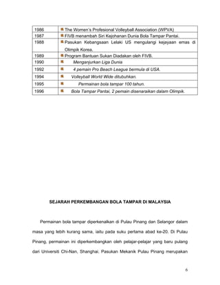 1986           The Women’s Profesional Volleyball Association (WPVA)
1987           FIVB menambah Siri Kejohanan Dunia Bola Tampar Pantai.
1988           Pasukan Kebangsaan Lelaki US mengulangi kejayaan emas di
               Olimpik Korea.
1989           Program Bantuan Sukan Diadakan oleh FIVB.
1990               Menganjurkan Liga Dunia
1992               4 pemain Pro Beach League bermula di USA.
1994              Volleyball World Wide ditubuhkan.
1995                  Permainan bola tampar 100 tahun.
1996              Bola Tampar Pantai, 2 pemain disenaraikan dalam Olimpik.




        SEJARAH PERKEMBANGAN BOLA TAMPAR DI MALAYSIA



   Permainan bola tampar diperkenalkan di Pulau Pinang dan Selangor dalam

masa yang lebih kurang sama, iaitu pada suku pertama abad ke-20. Di Pulau

Pinang, permainan ini diperkembangkan oleh pelajar-pelajar yang baru pulang

dari Universiti Chi-Nan, Shanghai. Pasukan Mekanik Pulau Pinang merupakan



                                                                             6
 