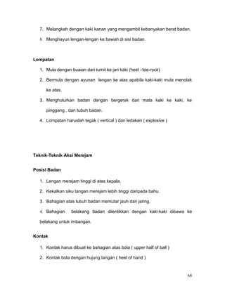 7. Melangkah dengan kaki kanan yang mengambil kebanyakan berat badan.

  8. Menghayun lengan-lengan ke bawah di sisi badan.



Lompatan

  1. Mula dengan buaian dari tumit ke jari kaki (heel –toe-rock)

  2. Bermula dengan ayunan lengan ke atas apabila kaki-kaki mula menolak

     ke atas.

  3. Menghulurkan badan dengan bergerak dari mata kaki ke kaki, ke

     pinggang , dan tubuh badan.

  4. Lompatan haruslah tegak ( vertical ) dan ledakan ( explosive )




Teknik-Teknik Aksi Merejam


Posisi Badan

  1. Lengan merejam tinggi di atas kepala.

  2. Kekalkan siku tangan merejam lebih tinggi daripada bahu.

  3. Bahagian atas tubuh badan memutar jauh dari jaring.

  4. Bahagian     belakang badan dilentikkan dengan kaki-kaki dibawa ke

  belakang untuk imbangan.


Kontak

  1. Kontak harus dibuat ke bahagian atas bola ( upper half of ball )

  2. Kontak bola dengan hujung tangan ( heel of hand )



                                                                        68
 