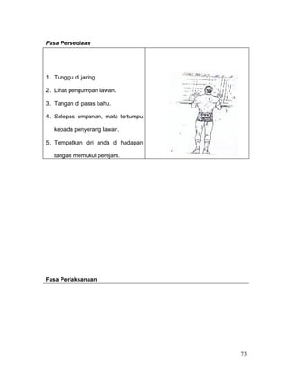 Fasa Persediaan




1. Tunggu di jaring.

2. Lihat pengumpan lawan.

3. Tangan di paras bahu.

4. Selepas umpanan, mata tertumpu

   kepada penyerang lawan.

5. Tempatkan diri anda di hadapan

   tangan memukul perejam.




Fasa Perlaksanaan




                                    73
 