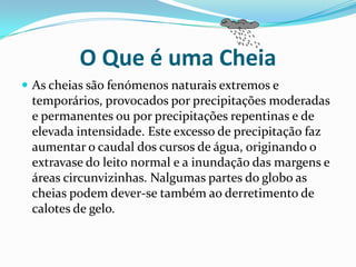 O Que é uma CheiaAs cheias são fenómenos naturais extremos e temporários, provocados por precipitações moderadas e permanentes ou por precipitações repentinas e de elevada intensidade. Este excesso de precipitação faz aumentar o caudal dos cursos de água, originando o extravase do leito normal e a inundação das margens e áreas circunvizinhas. Nalgumas partes do globo as cheias podem dever-se também ao derretimento de calotes de gelo.