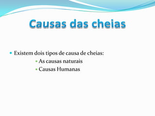 Causas das cheiasExistem dois tipos de causa de cheias:As causas naturais Causas Humanas