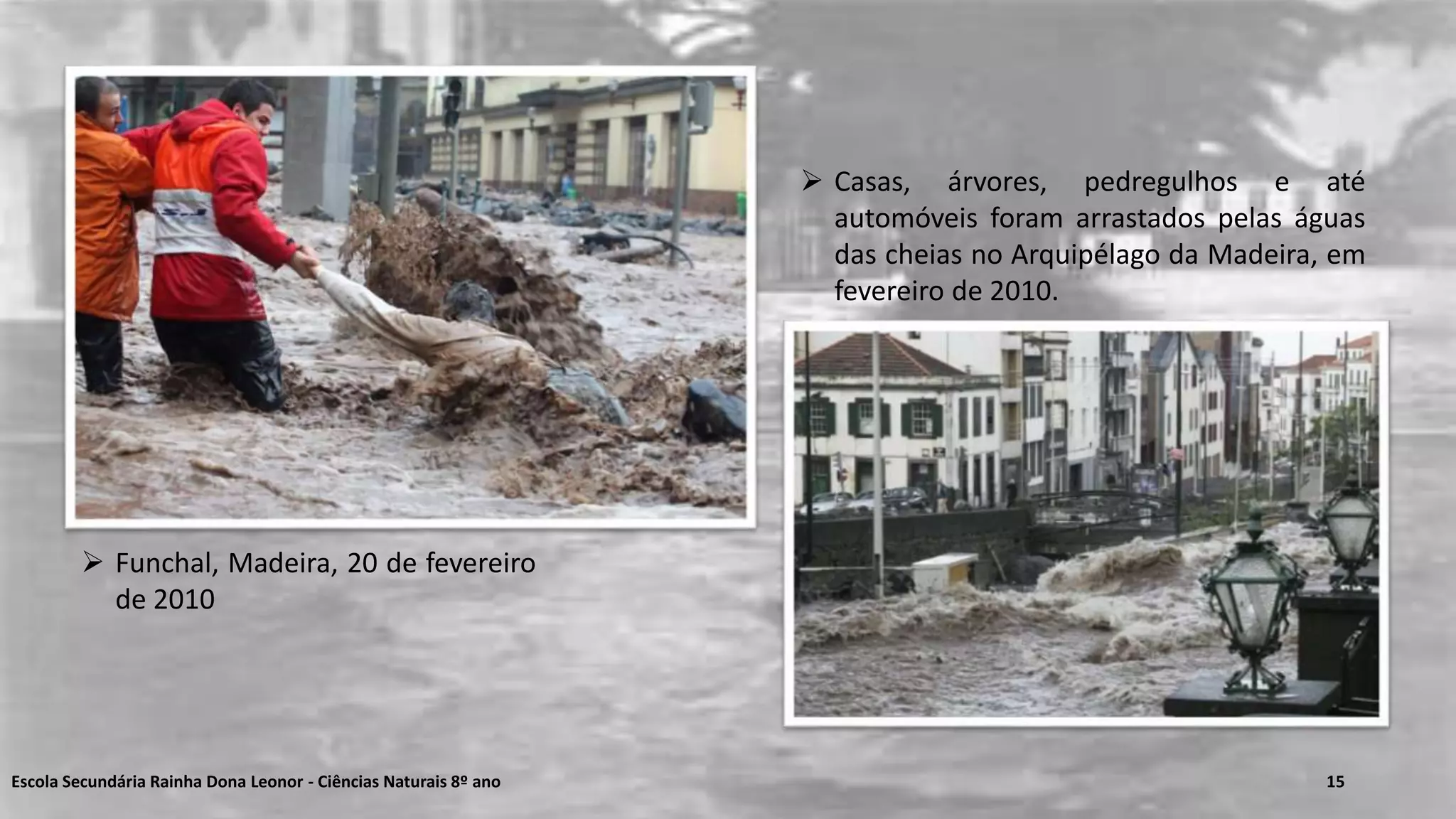 Escola Secundária Rainha Dona Leonor - Ciências Naturais 8º ano 15
 Funchal, Madeira, 20 de fevereiro
de 2010
 Casas, árvores, pedregulhos e até
automóveis foram arrastados pelas águas
das cheias no Arquipélago da Madeira, em
fevereiro de 2010.
 