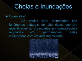    O que são?
            As cheias e/ou inundações são
    fenómenos naturais de alto risco, ocorrem
    repentinamente, provocadas por precipitações
    reguladas     e/ou    permanentes,      estas
    inesperadas com elevada intensidade.
 