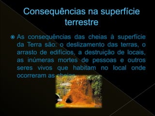    As consequências das cheias à superfície
    da Terra são: o deslizamento das terras, o
    arrasto de edifícios, a destruição de locais,
    as inúmeras mortes de pessoas e outros
    seres vivos que habitam no local onde
    ocorreram as cheias.
 