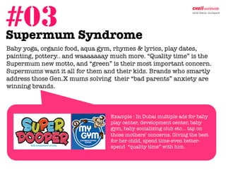 #03 Syndrome	
  
Supermum

Baby yoga, organic food, aqua gym, rhymes & lyrics, play dates,
 painting, pottery.. and waaaaaaay much more. “Quality time” is the
 Supermum new motto, and “green” is their most important concern.
 Supermums want it all for them and their kids. Brands who smartly
 address those Gen.X mums solving their “bad parents” anxiety are
 winning brands. 



                                 
Example : In Dubai multiple ads for baby
                                  play center, development center, baby
                                  gym, baby socializing club etc… tap on
                                 `	
  
                                  those mothers’ concerns. Giving the best
                                  for her child, spend time-even better-
                                  spend “quality time” with him.
 
