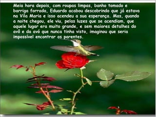 Meia hora depois, com roupas limpas, banho tomado e barriga forrada, Eduardo acabou descobrindo que já estava na Vila Maria e isso acendeu a sua esperança. Mas, quando a noite chegou, ele viu, pelas luzes que se acendiam, que aquele lugar era muito grande, e sem maiores detalhes do avô e da avó que nunca tinha visto, imaginou que seria impossível encontrar os parentes.    
