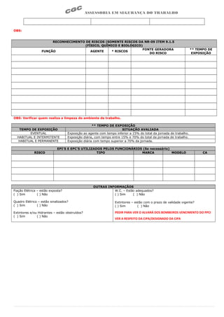 ASSESSORIA EM SEGURANÇA DO TRABALHO
OBS:
RECONHECIMENTO DE RISCOS (SOMENTE RISCOS DA NR-09 ITEM 9.1.5
(FÍSICO, QUÍMICO E BIOLÓGICO)
FUNÇÃO AGENTE * RISCOS
FONTE GERADORA
DO RISCO
** TEMPO DE
EXPOSIÇÃO
OBS: Verificar quem realiza a limpeza do ambiente de trabalho.
** TEMPO DE EXPOSIÇÃO
TEMPO DE EXPOSIÇÃO SITUAÇÃO AVALIADA
EVENTUAL Exposição ao agente com tempo inferior a 15% do total da jornada de trabalho.
HABITUAL E INTERMITENTE Exposição diária, com tempo entre 15% e 70% do total da jornada de trabalho.
HABITUAL E PERMANENTE Exposição diária com tempo superior a 70% da jornada.
EPI’S E EPC’S UTILIZADOS PELOS FUNCIONÁRIOS (Se necessário)
RISCO TIPO MARCA MODELO CA
OUTRAS INFORMAÇÃOS
Fiação Elétrica – estão exposta?
( ) Sim ( ) Não
Quadro Elétrico – estão sinalizados?
( ) Sim ( ) Não
Extintores e/ou Hidrantes – estão obstruídos?
( ) Sim ( ) Não
W.C. – Estão adequados?
( ) Sim ( ) Não
Extintores – estão com o prazo de validade vigente?
( ) Sim ( ) Não
PEDIR PARA VER O ALVARÁ DOS BOMBEIROS VENCIMENTO DO PPCI
VER A RESPEITO DA CIPA/DESIGNADO DA CIPA
 