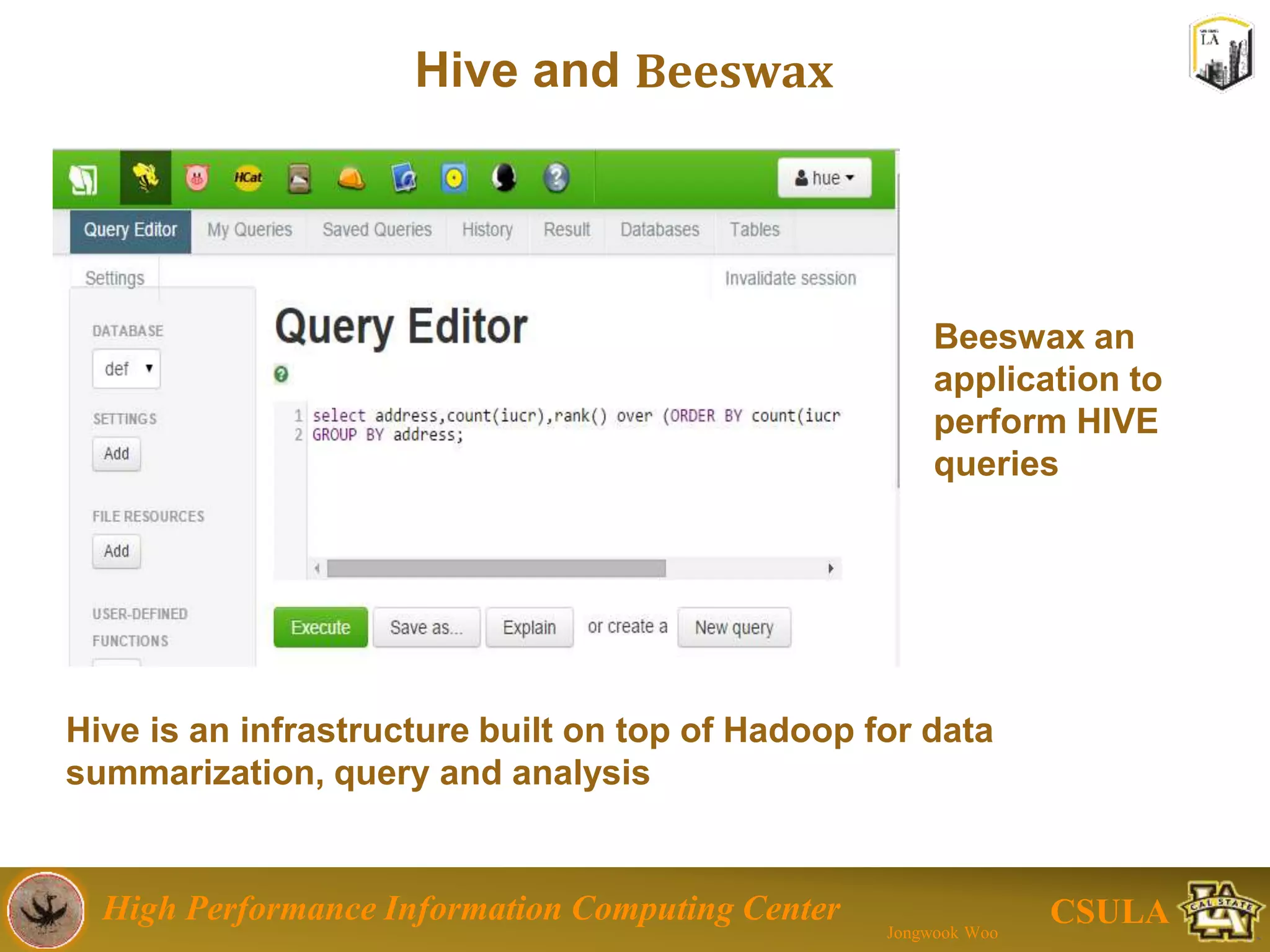 High Performance Information Computing Center
Jongwook Woo
CSULA
Analysis Result
Detailed analysis made it easy to understand
which part of Chicago City is having safe
place of residence and which areas are
unsafe.
 This analysis can play vital role in any house
finding website if added as module, it can
help people know more about the crime
history of the place.
 Subsequent slides shows us some of the
important outcomes of the analysis.
 