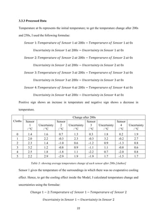22
3.3.3 Processed Data
Temperature at 0s represents the initial temperature; to get the temperature change after 200s
and 250s, I used the following formulae:
Positive sign shows an increase in temperature and negative sign shows a decrease in
temperature.
Cloths
Change after 200s
Sensor
1
/ C
Uncertainty
/ C
Sensor
2
/ C
Uncertainty
/ C
Sensor
3
/ C
Uncertainty
/ C
Sensor
4
/ C
Uncertainty
/ C
0 1.4 1.6 0.7 1.3 0.3 1.8 0.2 1.9
1 2.0 2.2 -0.3 2.3 -0.3 3.2 -0.2 2.7
2 2.3 1.4 -1.0 0.6 -1.2 0.9 -1.3 0.8
3 3.2 1.2 -0.8 0.9 -1.1 1.1 -0.8 0.6
4 2.5 1.8 -1.8 1.1 -2.2 0.7 -2.0 0.8
5 2.2 2.9 -2.9 1.9 -1.9 1.7 -1.5 1.7
Table 3: showing average temperature change of each sensor after 200s [Author]
Sensor 1 gives the temperature of the surroundings in which there was no evaporative cooling
effect. Hence, to get the cooling effect inside the Model, I calculated temperature change and
uncertainties using the formulae:
 