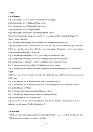 v
Lists:
List of figures
Fig 1: showing the use of evaporative cooling in ancient Egypt
Fig 2: showing the use of Badgirs in Yazd in Iran
Fig 3: showing the use of Badgirs in Yazd in Iran
Fig 4: showing the use of Badgirs in Qatar
Fig 5: showing the annual mean temperature in Earth surface
Fig 6: showing apparatus set up, the model is put on one desk and the computer& Logger Pro
Sensors on the other desk
Fig 7: showing cloths hanging inside the model and temperature sensors set up
Fig 8: showing the heaters next the model, the Model put on a desk and the fan blowing air inside it
Fig 9: showing the window from which the exhaust air expires. Temperature sensors are connected
to the computer, and the fan is turned on
Fig 10: showing sectional plans of five typical Badgir’s styles at vent level
Fig 11: explaining how Badgir cools down buildings using evaporation system
Fig 12: explaining how Badgirs cool down buildings using ventilation system
Fig 13: demonstrating the use of adobe bricks in constructing houses
Fig 14: showing houses painted using light colours to reduce the absorption of sun’s radiation in
Egypt
Fig15: showing houses with high walls and small windows & surrounded by trees to maximise shade
in Morocco
Fig 16: showing the use of double crossed walls in houses in Algeria
Fig 17: showing the use of double crossed walls filled with polystyrene for thermal & acoustic
insulation in houses in Algeria
Fig 18: showing high domes in traditional houses in Syria
Fig 19: showing the inner stucture of domes in traditional houses
Fig 20: showing the use of soil block walls
Fig 21: area A and B recives the same radiation from the sun. Area B is larger than area A, thus
radiation per unit area on B is less than that on A.
List of tables
Table 1: shows the trials of each different number of cloths (0, 1, 2, 3, 4 and 5) at 0s, 200s and 250s
Table 2: showing average temperature of all trials
 