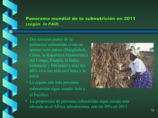 Panorama mundial de la subnutrición en 2011  ( según  la FAO ) Dos terceras partes de la población subnutrida viven en apenas siete países (Bangladesh, China, la República Democrática del Congo, Etiopía, la India, Indonesia y Pakistán) y más del 40% vive tan sólo en China y la India. La región con más personas subnutridas sigue siendo Asia y el Pacífico. La proporción de personas subnutridas sigue siendo más elevada en el África subsahariana, con un 30% en 2011. 