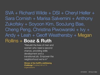 SVA + Richard Wilde + DSI + Cheryl Heller +
Sara Cornish + Marisa Salvemini + Anthony
Zukofsky + Soyoon Kim, SooJung Bae,
Cheng Peng, Christina Piwowarski + Ivy +
Andy + Leah + Geoff Weathersby + Megan
Rollins + Boaz & Ruth
         “Rebuild the lives of men and
         women who need a second
         chance, providing skills
         development and a
         transitional job. Empower the
         neighborhood we’re in”
         Winner of the HuffPo JobRaising
         Challenge Finished 4th of 74
         organizations

                                           @ SVADSI   @Cheryl Heller
 