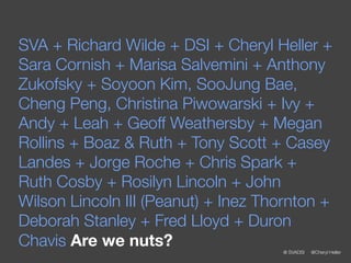 SVA + Richard Wilde + DSI + Cheryl Heller +
Sara Cornish + Marisa Salvemini + Anthony
Zukofsky + Soyoon Kim, SooJung Bae,
Cheng Peng, Christina Piwowarski + Ivy +
Andy + Leah + Geoff Weathersby + Megan
Rollins + Boaz & Ruth + Tony Scott + Casey
Landes + Jorge Roche + Chris Spark +
Ruth Cosby + Rosilyn Lincoln + John
Wilson Lincoln III (Peanut) + Inez Thornton +
Deborah Stanley + Fred Lloyd + Duron
Chavis Are we nuts?                  @ SVADSI   @Cheryl Heller
 